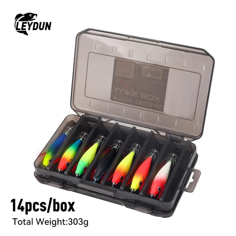 China China 60series(14pcs) LEYDUN Luminous Horizontal Squid Jig Wood Shrimp Squid Hook 5pcs 14pcs Fishing Lures Octopus Cuttlefish Shrimp Saltwater Baits