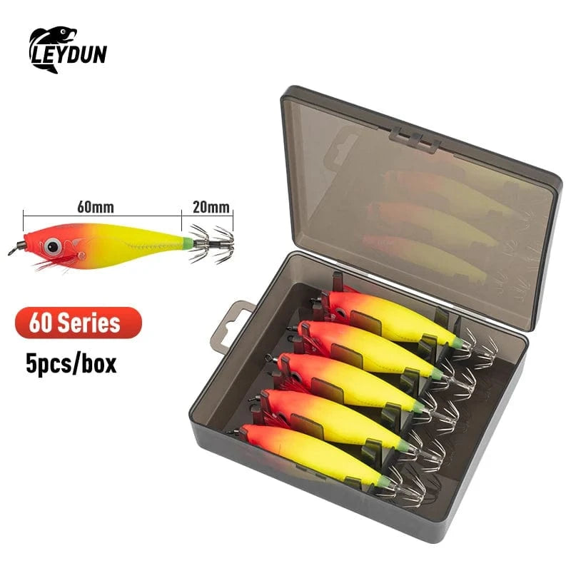 China China 60series(5pcs) 02 LEYDUN Luminous Horizontal Squid Jig Wood Shrimp Squid Hook 5pcs 14pcs Fishing Lures Octopus Cuttlefish Shrimp Saltwater Baits