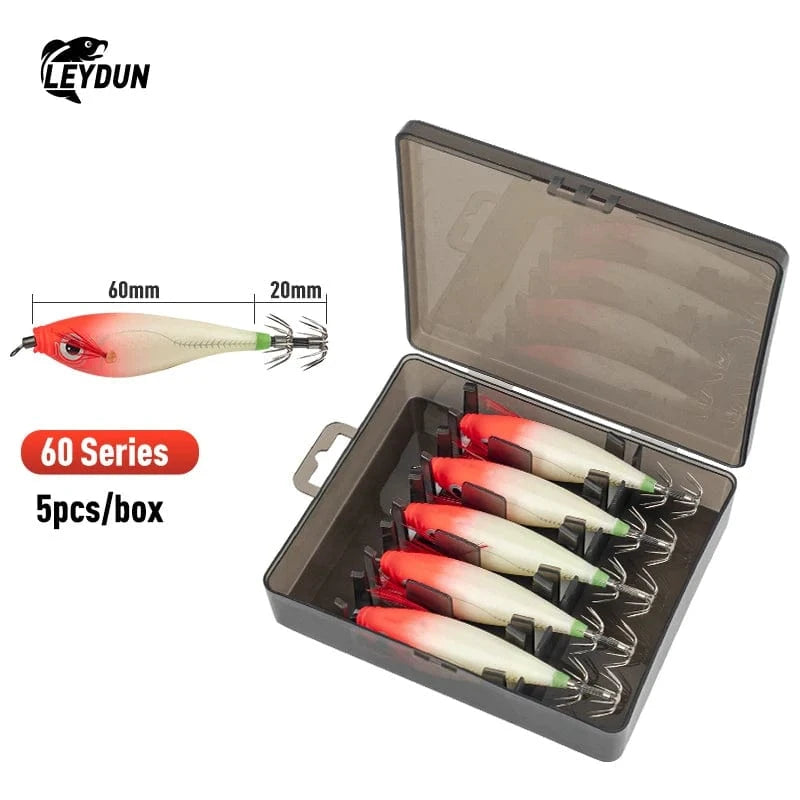 China China 60series5pcs) 01 LEYDUN Luminous Horizontal Squid Jig Wood Shrimp Squid Hook 5pcs 14pcs Fishing Lures Octopus Cuttlefish Shrimp Saltwater Baits