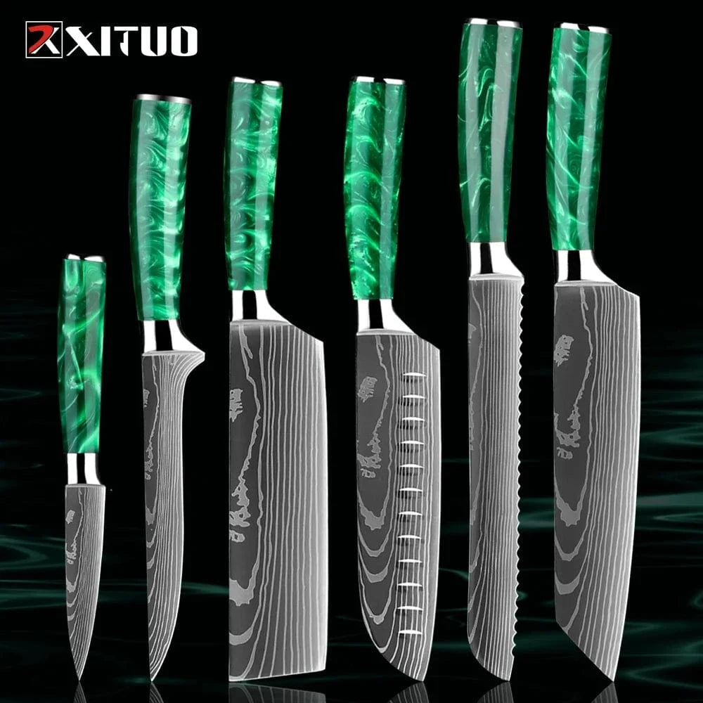 China China 6PCS Knife Pro Chef Knife Set 1-8PCS,7Cr17Mov Steel Kitchen Cooking Knives Utility Knife Super sharp Blade Ergonomic Green Resin Handle