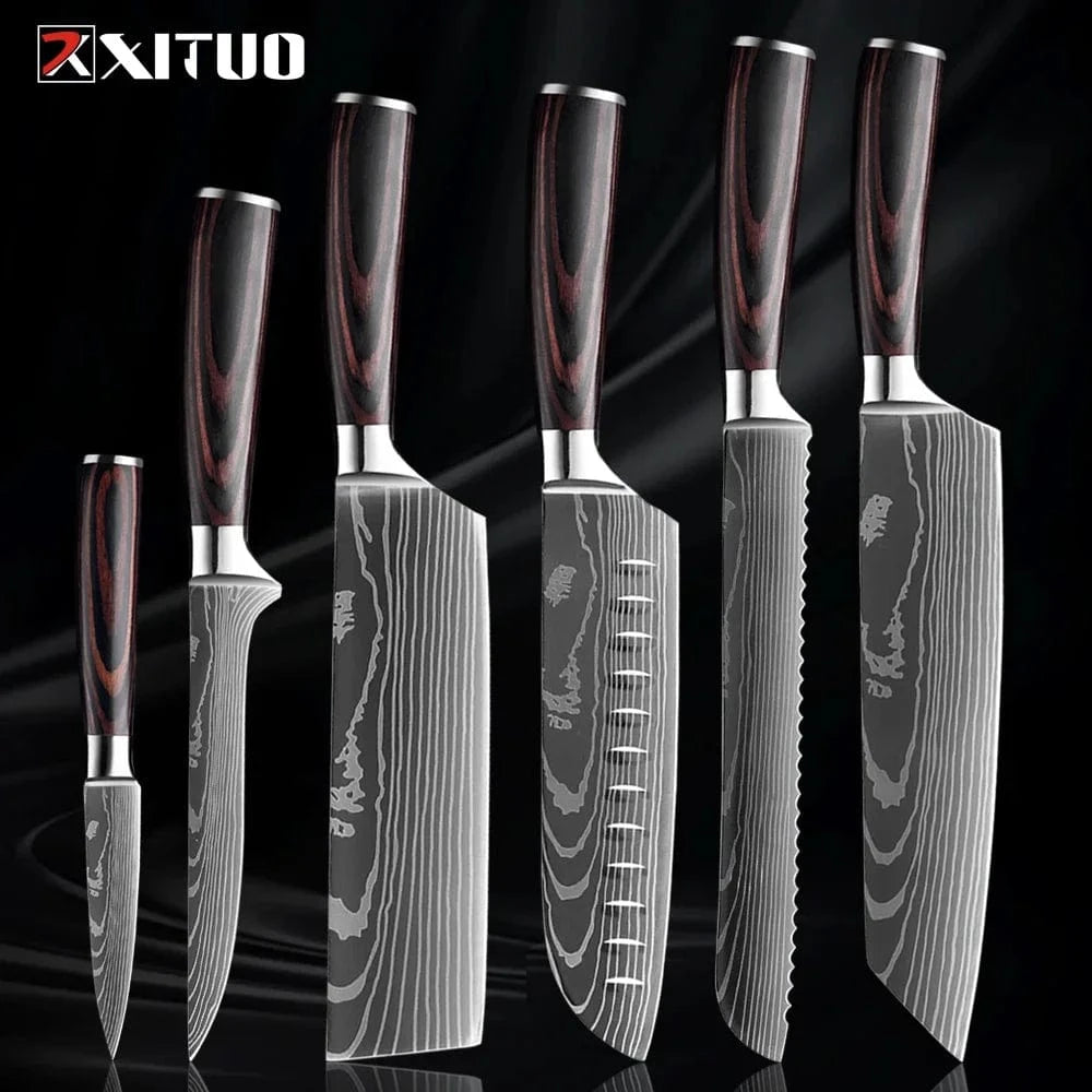 China China 6PCS Knife Professional Kitchen Knife Set 1-9PCS, Sharp Chef Knife Santoku Knife Fruit knife 7Cr17Mov Stainless Steel Ergonomic Wood Handle
