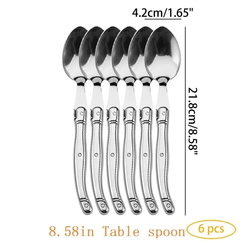 China China 6pcs spoon 9" Stainless Steel Laguiole Steak Knife set Dinner Fork Spoon Teaspoon Silver Dinnerware  Tableware Restaurant Cutlery 4-12pcs