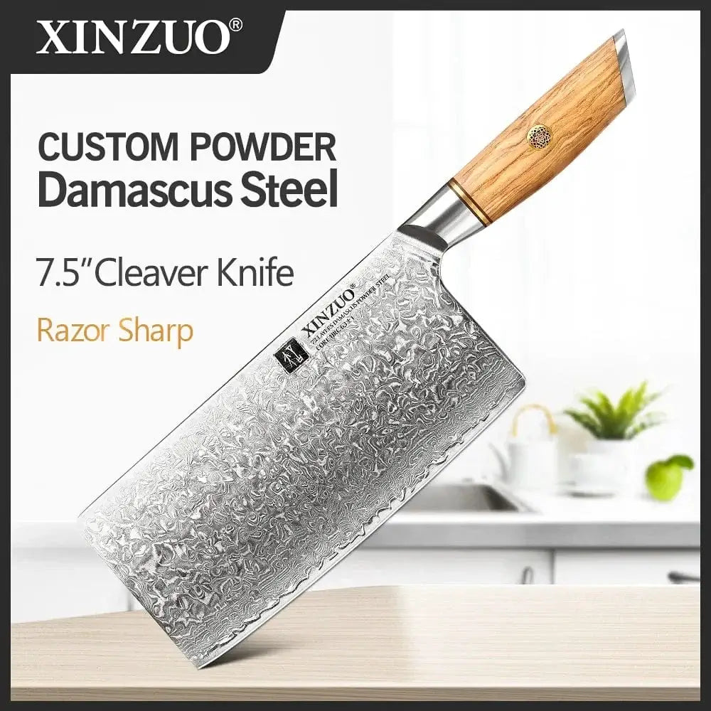 China China 7.5 in cleaver knife XINZUO 1-8pcs Kitchen Knife Set 73 Layers Custom Damascus Steel 15°±1 Per Side Steel Blade with Olive Wood Handle
