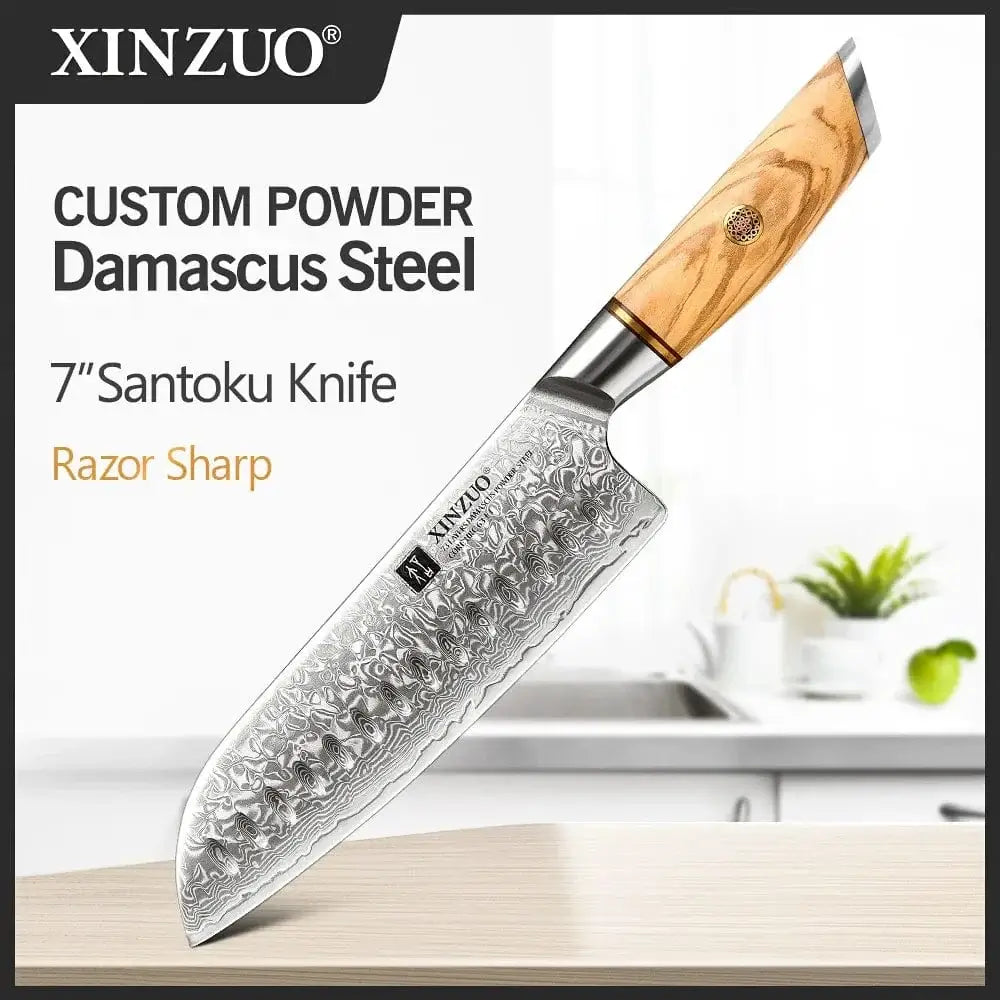 China China 7 in santoku knife XINZUO 1-8pcs Kitchen Knife Set 73 Layers Custom Damascus Steel 15°±1 Per Side Steel Blade with Olive Wood Handle