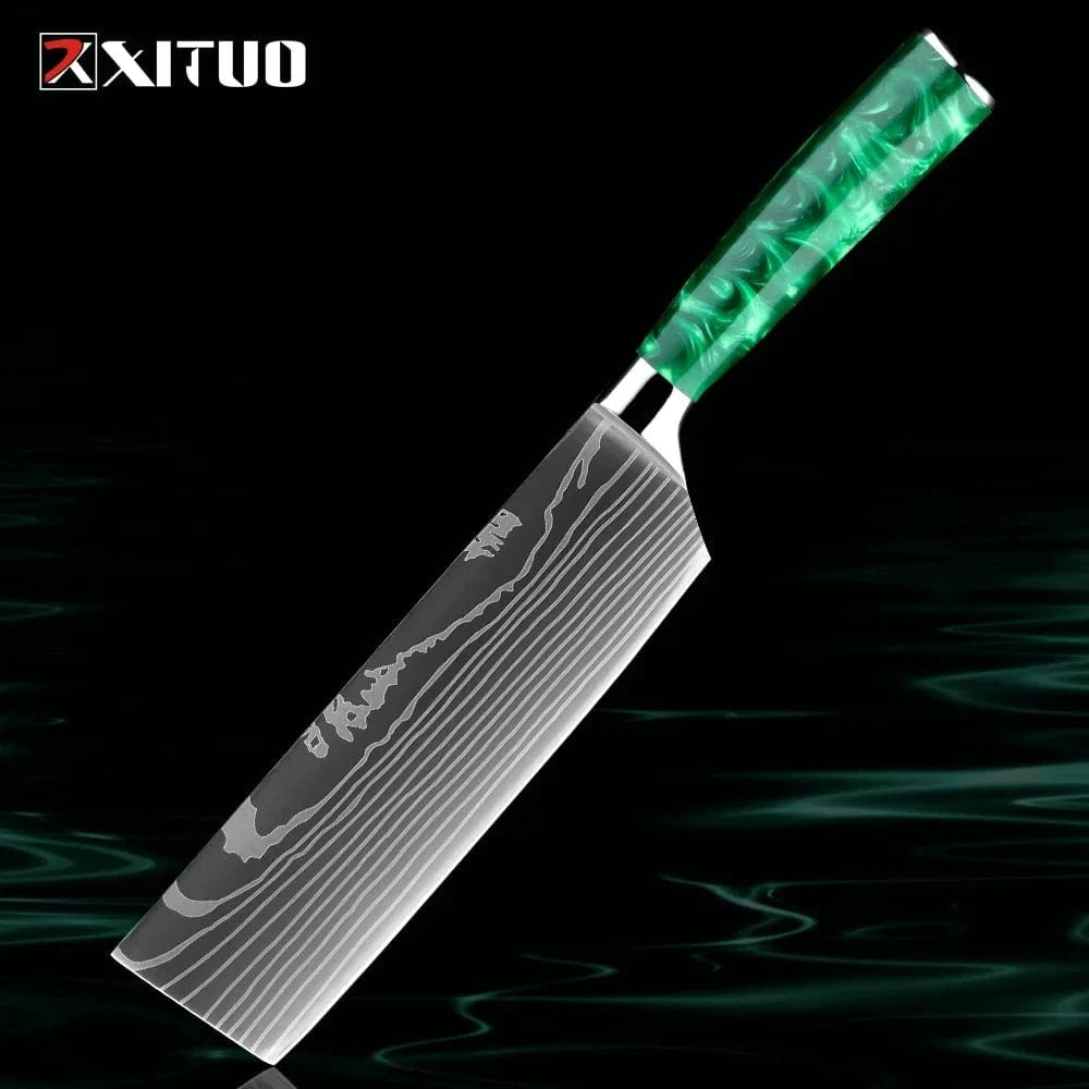 China China 7 inch Nakiri Knife Pro Chef Knife Set 1-8PCS,7Cr17Mov Steel Kitchen Cooking Knives Utility Knife Super sharp Blade Ergonomic Green Resin Handle