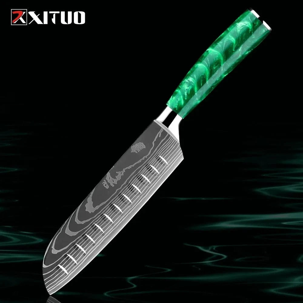 China China 7 inch Santoku Knife Pro Chef Knife Set 1-8PCS,7Cr17Mov Steel Kitchen Cooking Knives Utility Knife Super sharp Blade Ergonomic Green Resin Handle
