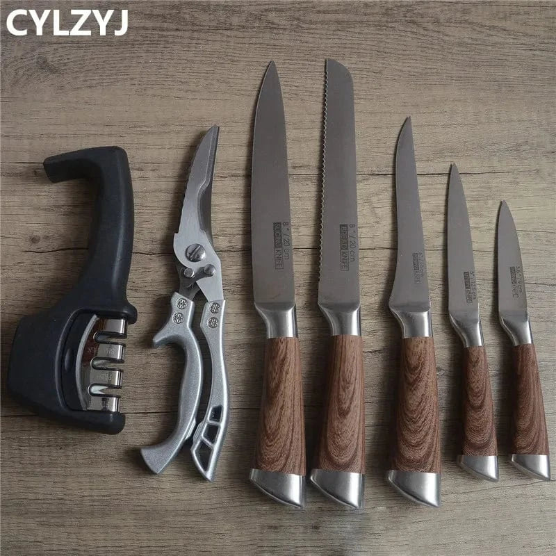 China China 7 Pcs Kitchen Knives Set chef knives sets Stainless Steel Kitchen Knives Scissors Sharpener Chef Slicer Paring Bread Utility Knife