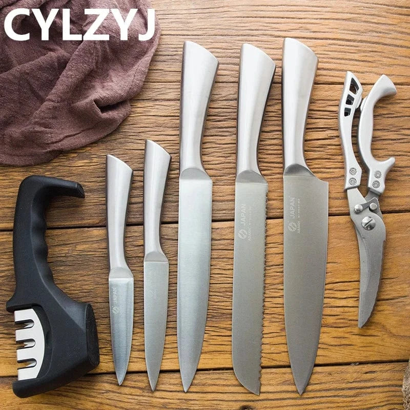 China China 7 Pcs Stainless Steel Kitchen Knife Kitchen Knives Set Chef Knives Sets Chef Slicer Paring Bread Utility Knife Scissors Sharpener
