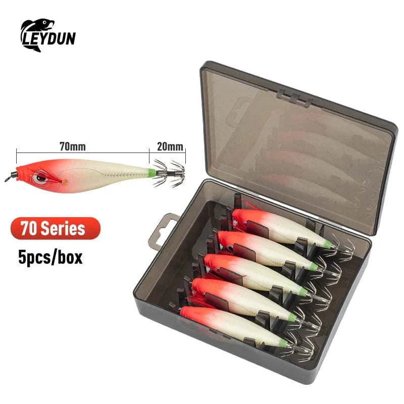 China China 70series(5pcs) 01 LEYDUN Luminous Horizontal Squid Jig Wood Shrimp Squid Hook 5pcs 14pcs Fishing Lures Octopus Cuttlefish Shrimp Saltwater Baits
