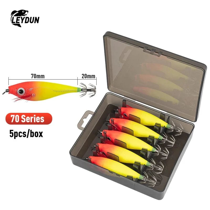 China China 70series(5pcs) 02 LEYDUN Luminous Horizontal Squid Jig Wood Shrimp Squid Hook 5pcs 14pcs Fishing Lures Octopus Cuttlefish Shrimp Saltwater Baits