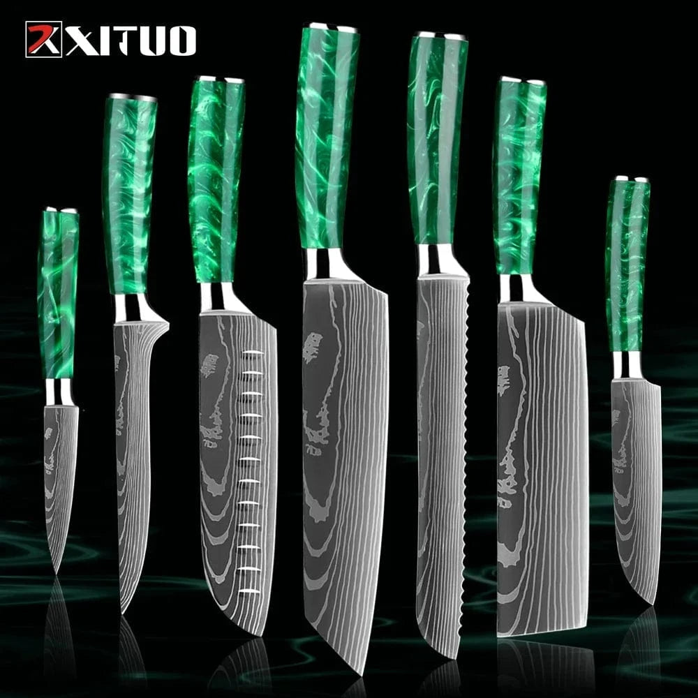 China China 7PCS Knife Pro Chef Knife Set 1-8PCS,7Cr17Mov Steel Kitchen Cooking Knives Utility Knife Super sharp Blade Ergonomic Green Resin Handle
