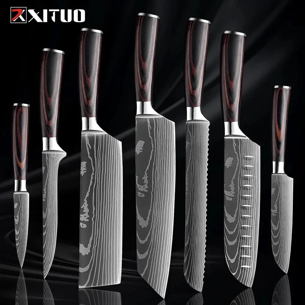 China China 7PCS Knife Professional Kitchen Knife Set 1-9PCS, Sharp Chef Knife Santoku Knife Fruit knife 7Cr17Mov Stainless Steel Ergonomic Wood Handle