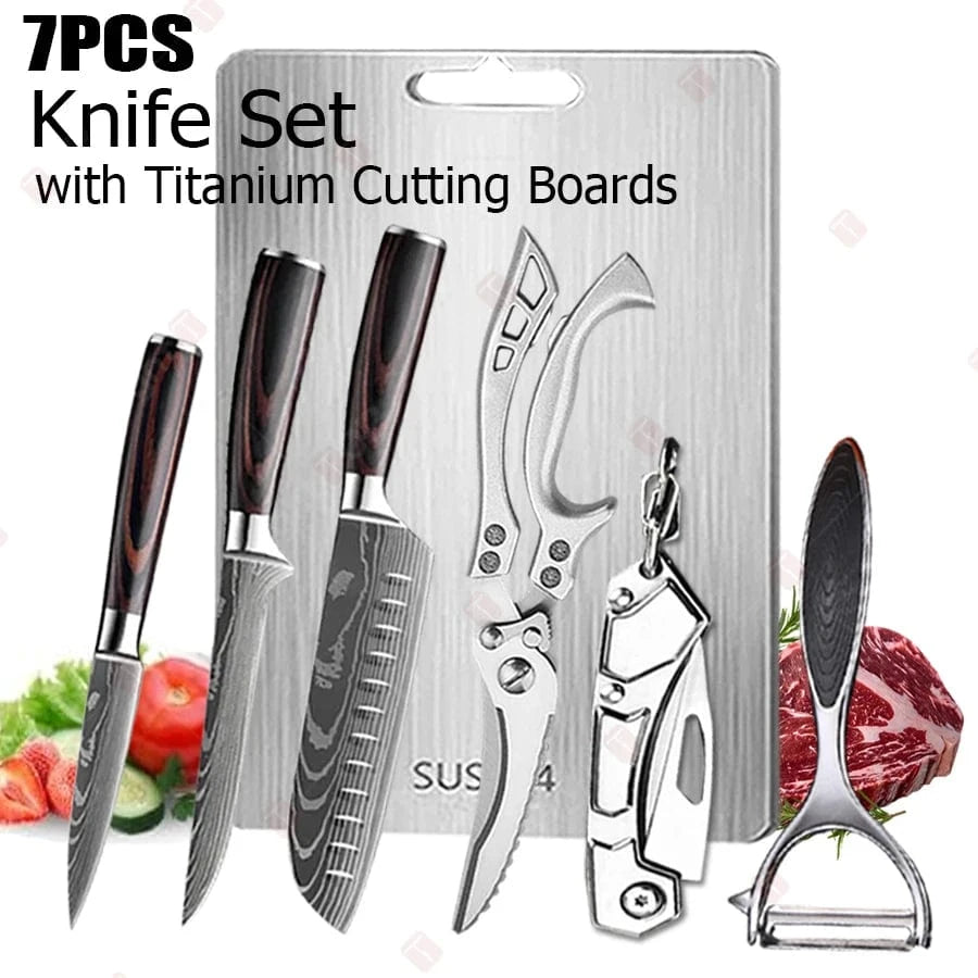 China China 7pcs knife set / 5 inch Damascus Kitchen Knives with Titanium Cutting Board Japanese Santoku Cleaver Stainless Steel Boning Knife Portable Meat Chopping