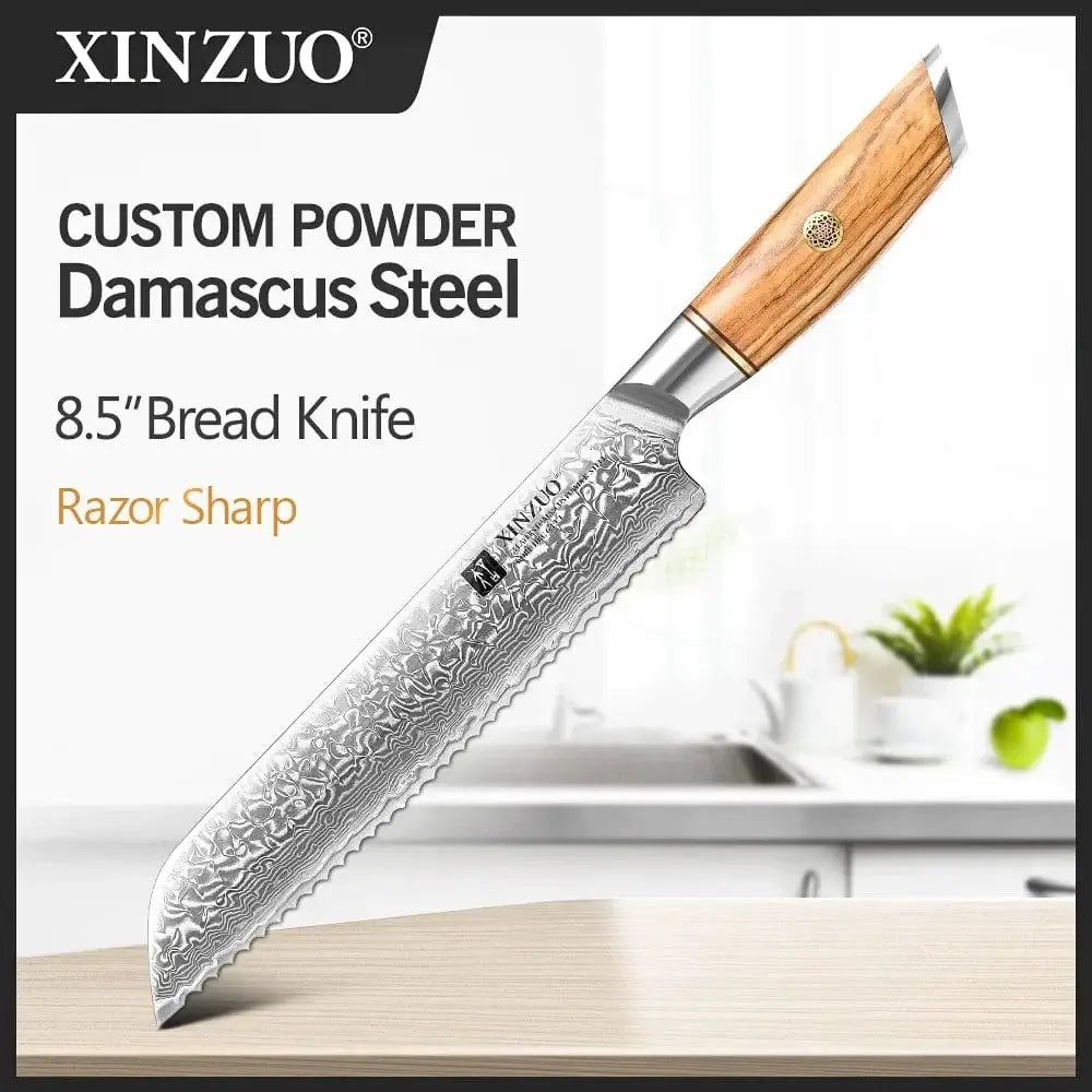 China China 8.5 in bread knife XINZUO 1-8pcs Kitchen Knife Set 73 Layers Custom Damascus Steel 15°±1 Per Side Steel Blade with Olive Wood Handle