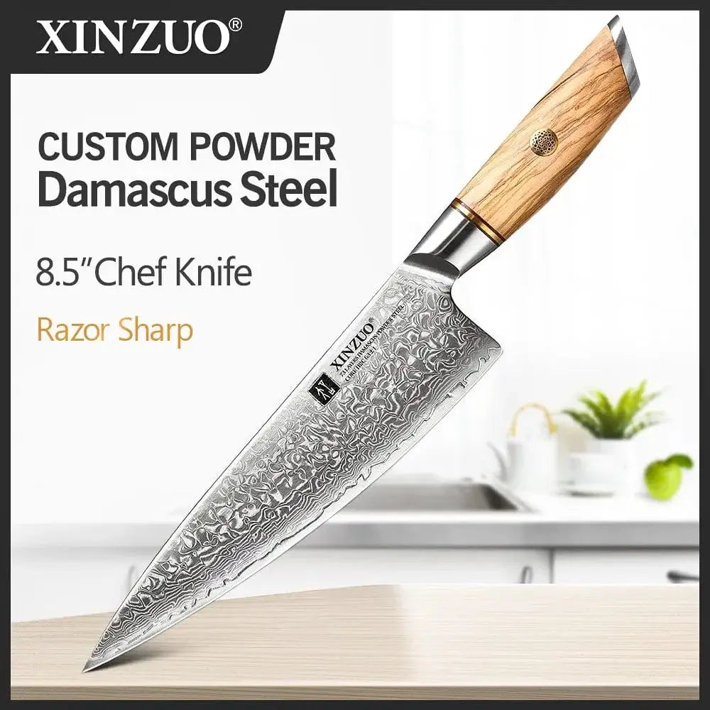 China China 8.5 in chef knife XINZUO 1-8pcs Kitchen Knife Set 73 Layers Custom Damascus Steel 15°±1 Per Side Steel Blade with Olive Wood Handle