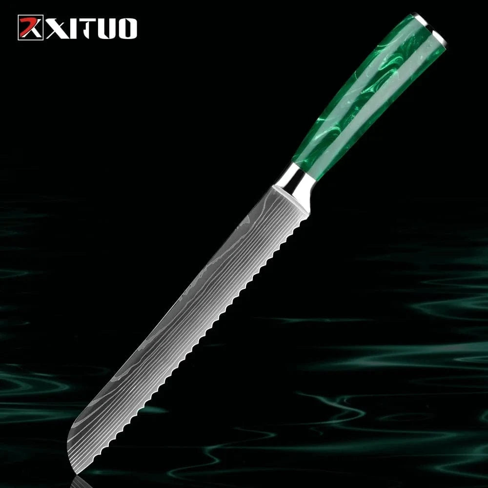 China China 8 inch Bread Knife Pro Chef Knife Set 1-8PCS,7Cr17Mov Steel Kitchen Cooking Knives Utility Knife Super sharp Blade Ergonomic Green Resin Handle