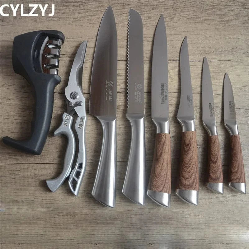 China China 8 Pcs 01 Kitchen Knives Set chef knives sets Stainless Steel Kitchen Knives Scissors Sharpener Chef Slicer Paring Bread Utility Knife