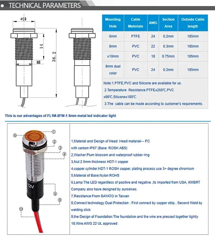 China China 8mm 12V 24V 110V 220V Metal LED Pilot Panel Dash Signal Indicator Warning light 20cm cable Chrome Finish Car Boat Marine