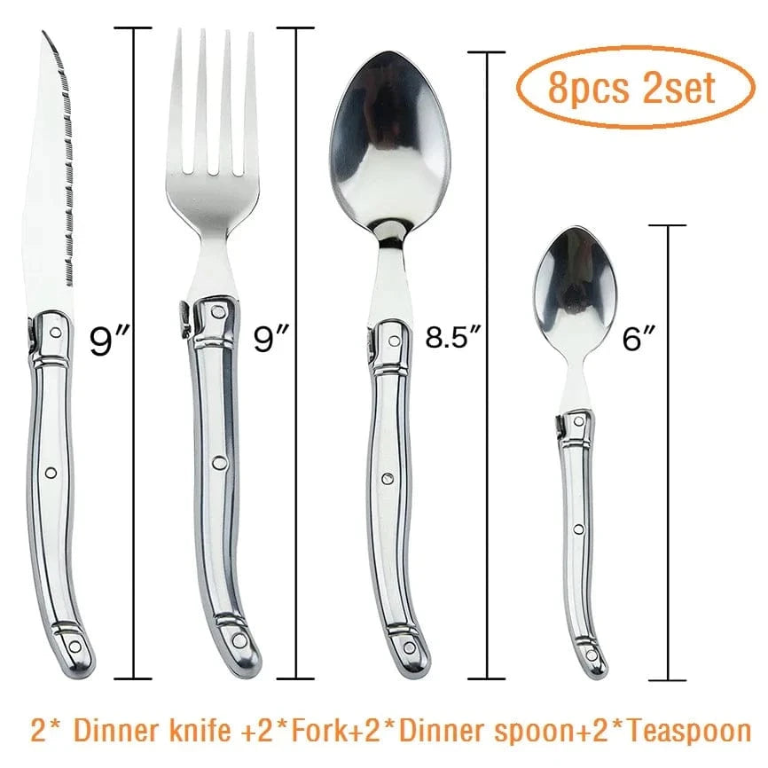 China China 8pcs 2 set 9" Stainless Steel Laguiole Steak Knife set Dinner Fork Spoon Teaspoon Silver Dinnerware  Tableware Restaurant Cutlery 4-12pcs