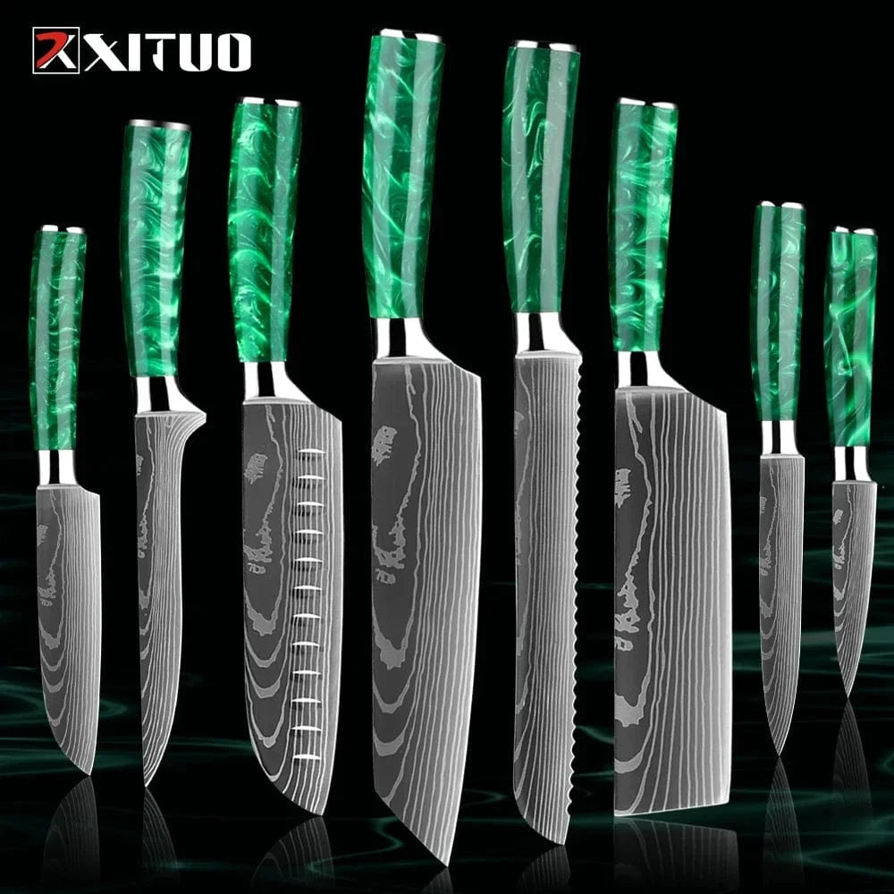 China China 8PCS Knife Pro Chef Knife Set 1-8PCS,7Cr17Mov Steel Kitchen Cooking Knives Utility Knife Super sharp Blade Ergonomic Green Resin Handle