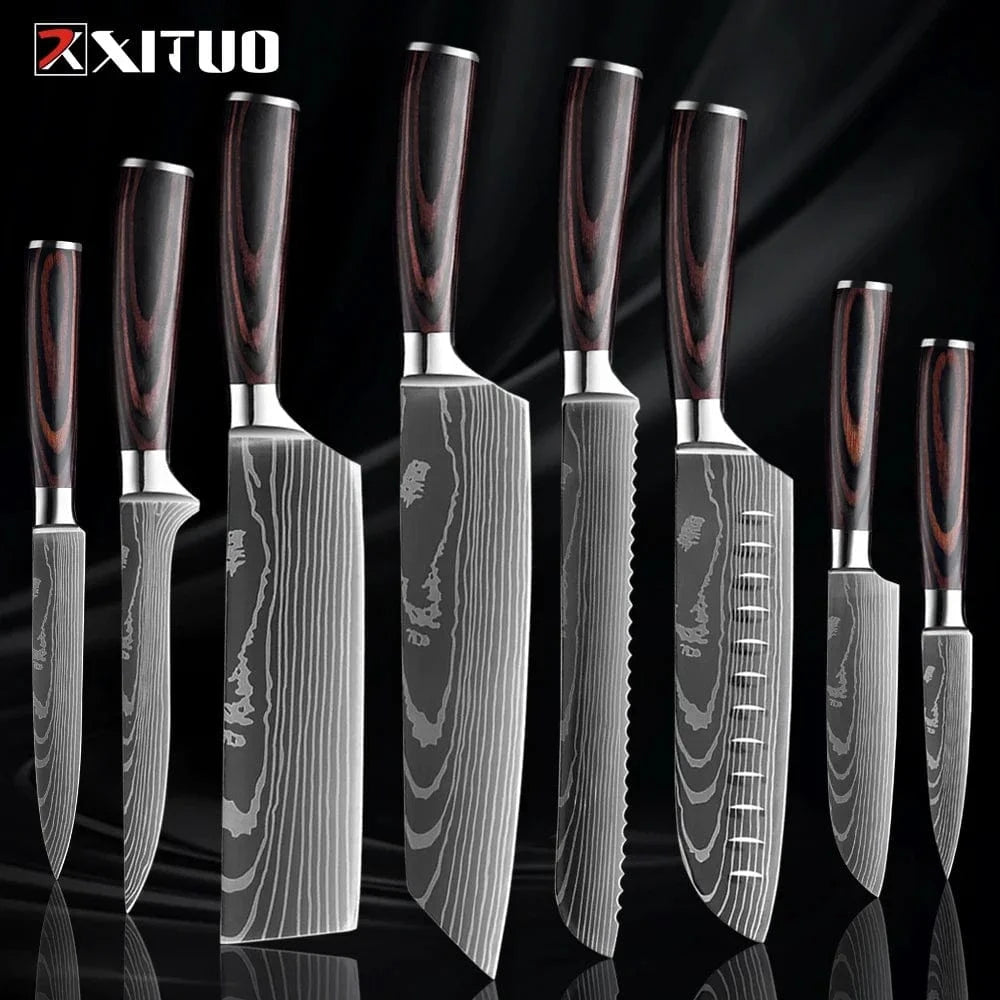 China China 8PCS Knife Professional Kitchen Knife Set 1-9PCS, Sharp Chef Knife Santoku Knife Fruit knife 7Cr17Mov Stainless Steel Ergonomic Wood Handle