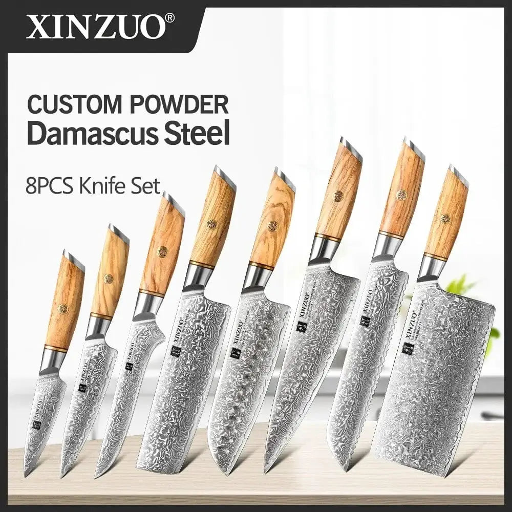 China China 8pcs knife set XINZUO 1-8pcs Kitchen Knife Set 73 Layers Custom Damascus Steel 15°±1 Per Side Steel Blade with Olive Wood Handle