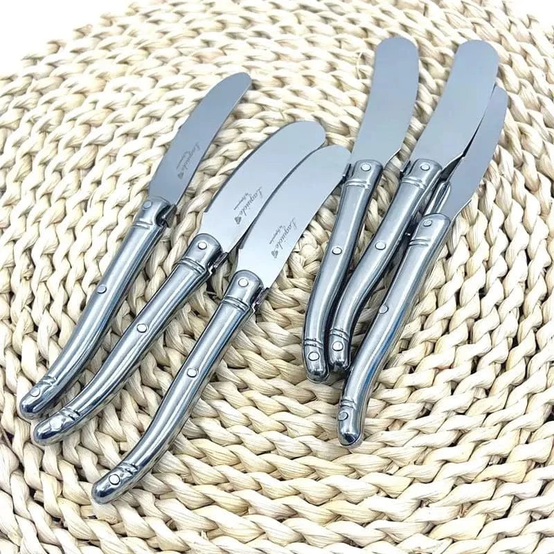 China China 9" Stainless Steel Laguiole Steak Knife set Dinner Fork Spoon Teaspoon Silver Dinnerware  Tableware Restaurant Cutlery 4-12pcs