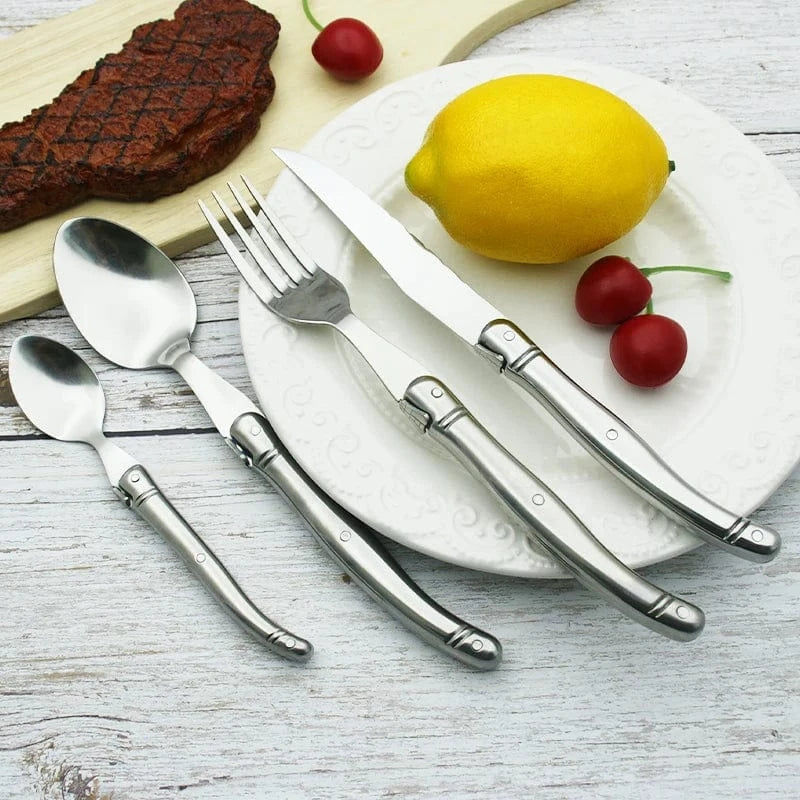 China China 9" Stainless Steel Laguiole Steak Knife set Dinner Fork Spoon Teaspoon Silver Dinnerware  Tableware Restaurant Cutlery 4-12pcs