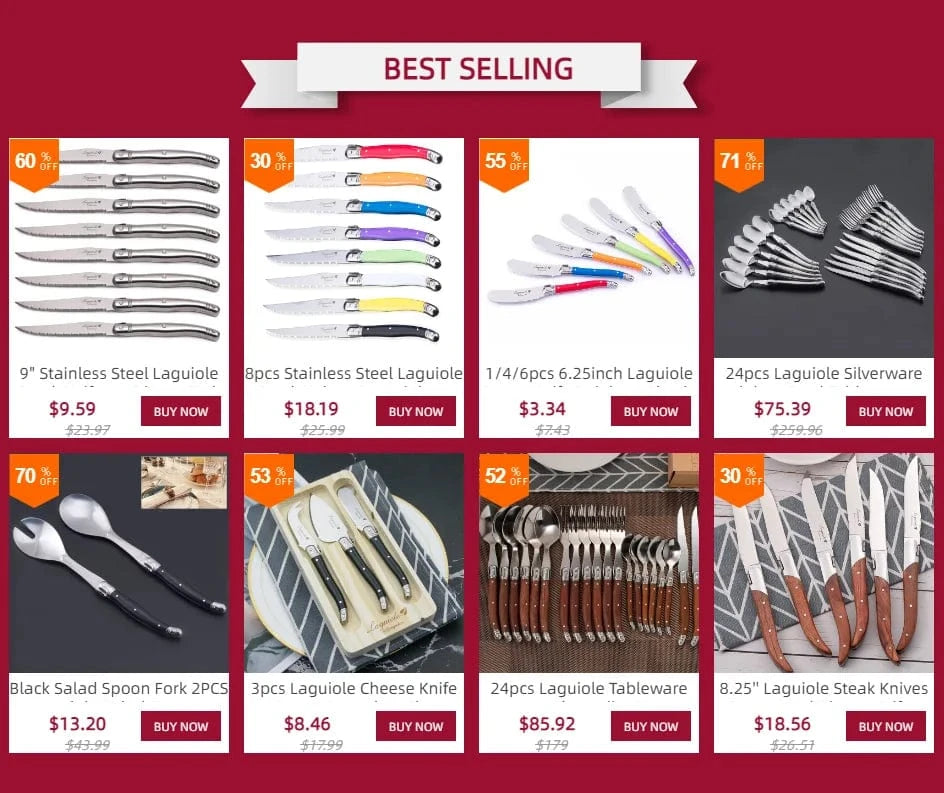 China China 9" Stainless Steel Laguiole Steak Knife set Dinner Fork Spoon Teaspoon Silver Dinnerware  Tableware Restaurant Cutlery 4-12pcs