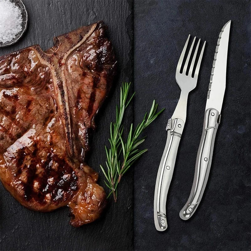 China China 9" Stainless Steel Laguiole Steak Knife set Dinner Fork Spoon Teaspoon Silver Dinnerware  Tableware Restaurant Cutlery 4-12pcs