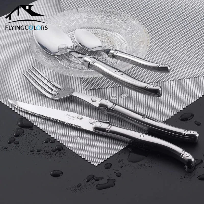 China China 9" Stainless Steel Laguiole Steak Knife set Dinner Fork Spoon Teaspoon Silver Dinnerware  Tableware Restaurant Cutlery 4-12pcs