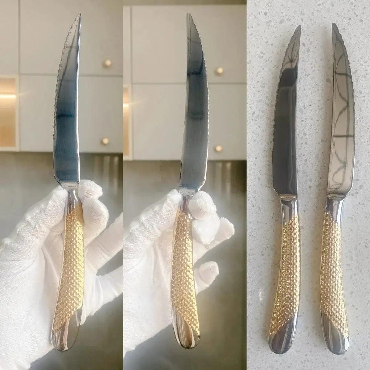 China China 9" Ultra-Sharp 2 in 1 Glossy Steak Knife Dinner Knife Set With Gold Plated Hammered Handle Table Knife Cutlery Dishwasher Safe