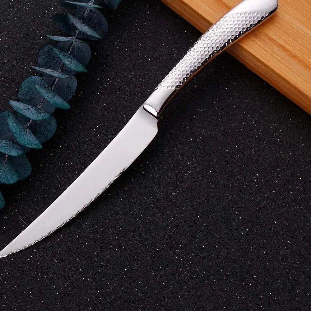 China China 9" Ultra-Sharp 2 in 1 Glossy Steak Knife Dinner Knife Set With Gold Plated Hammered Handle Table Knife Cutlery Dishwasher Safe