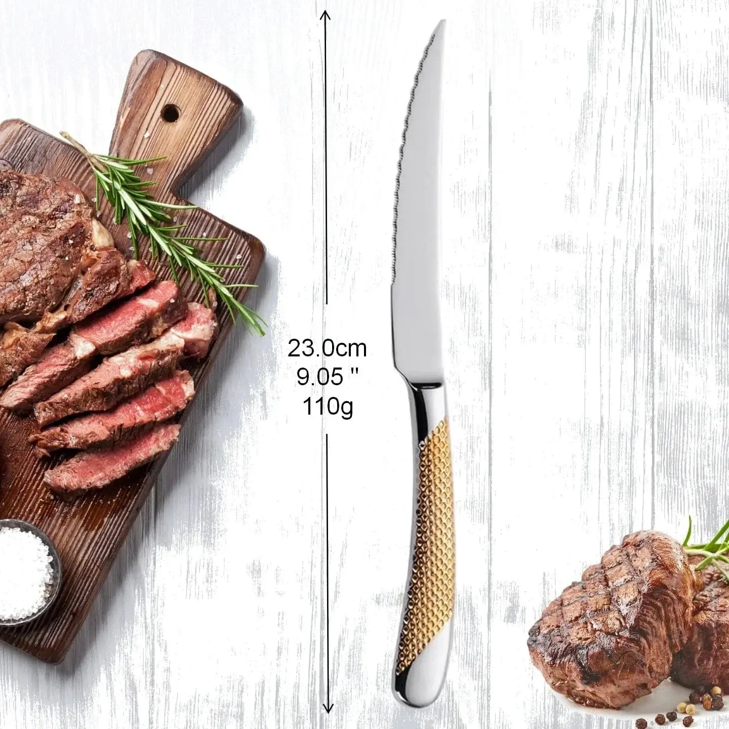 China China 9" Ultra-Sharp 2 in 1 Glossy Steak Knife Dinner Knife Set With Gold Plated Hammered Handle Table Knife Cutlery Dishwasher Safe