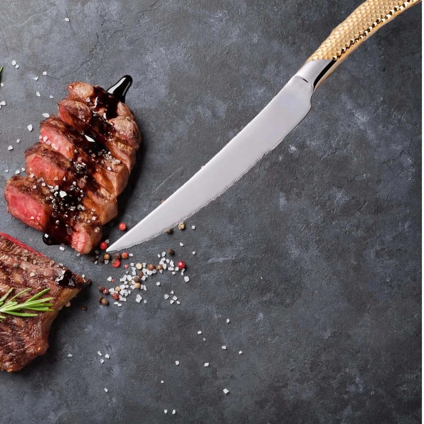 China China 9" Ultra-Sharp 2 in 1 Glossy Steak Knife Dinner Knife Set With Gold Plated Hammered Handle Table Knife Cutlery Dishwasher Safe