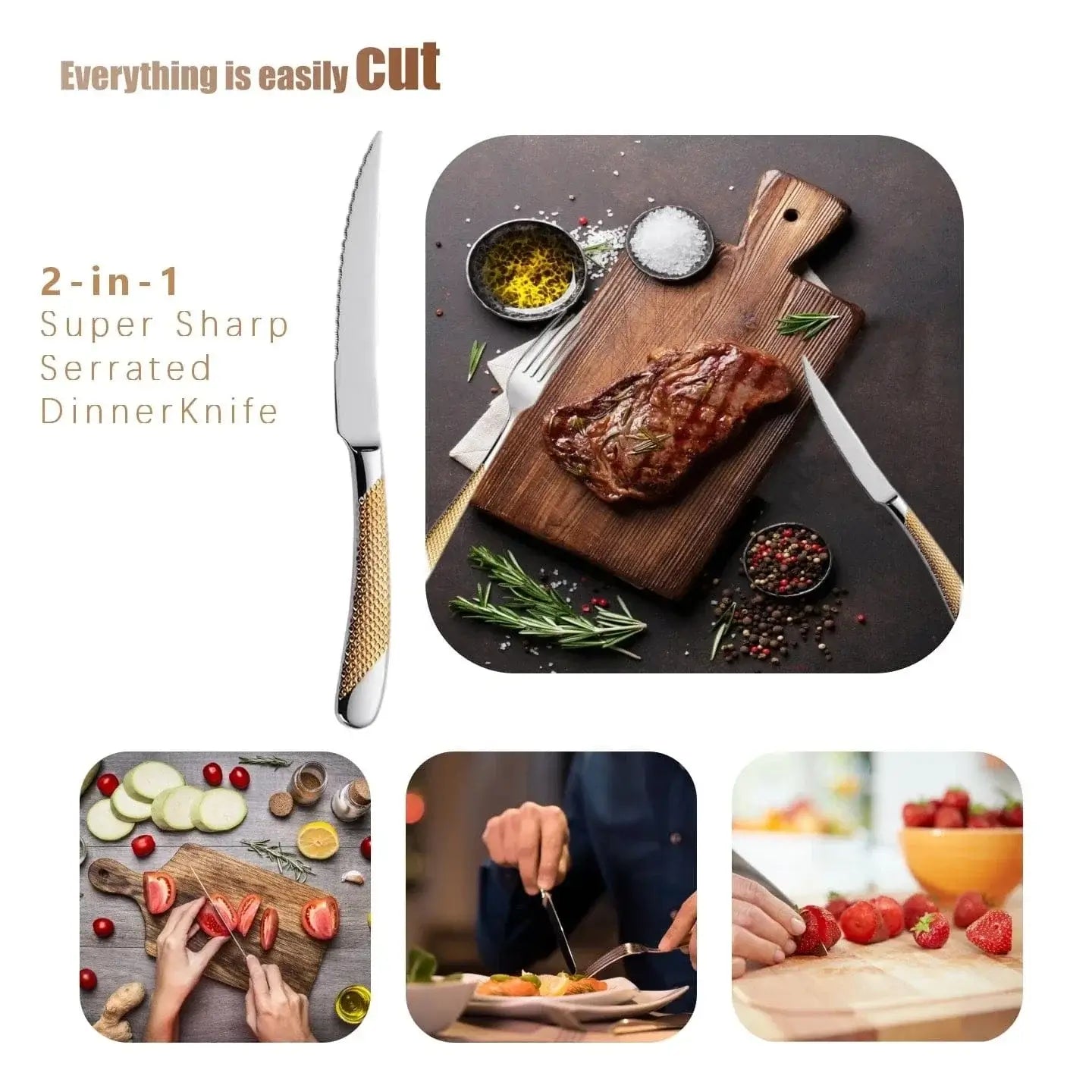 China China 9" Ultra-Sharp 2 in 1 Glossy Steak Knife Dinner Knife Set With Gold Plated Hammered Handle Table Knife Cutlery Dishwasher Safe