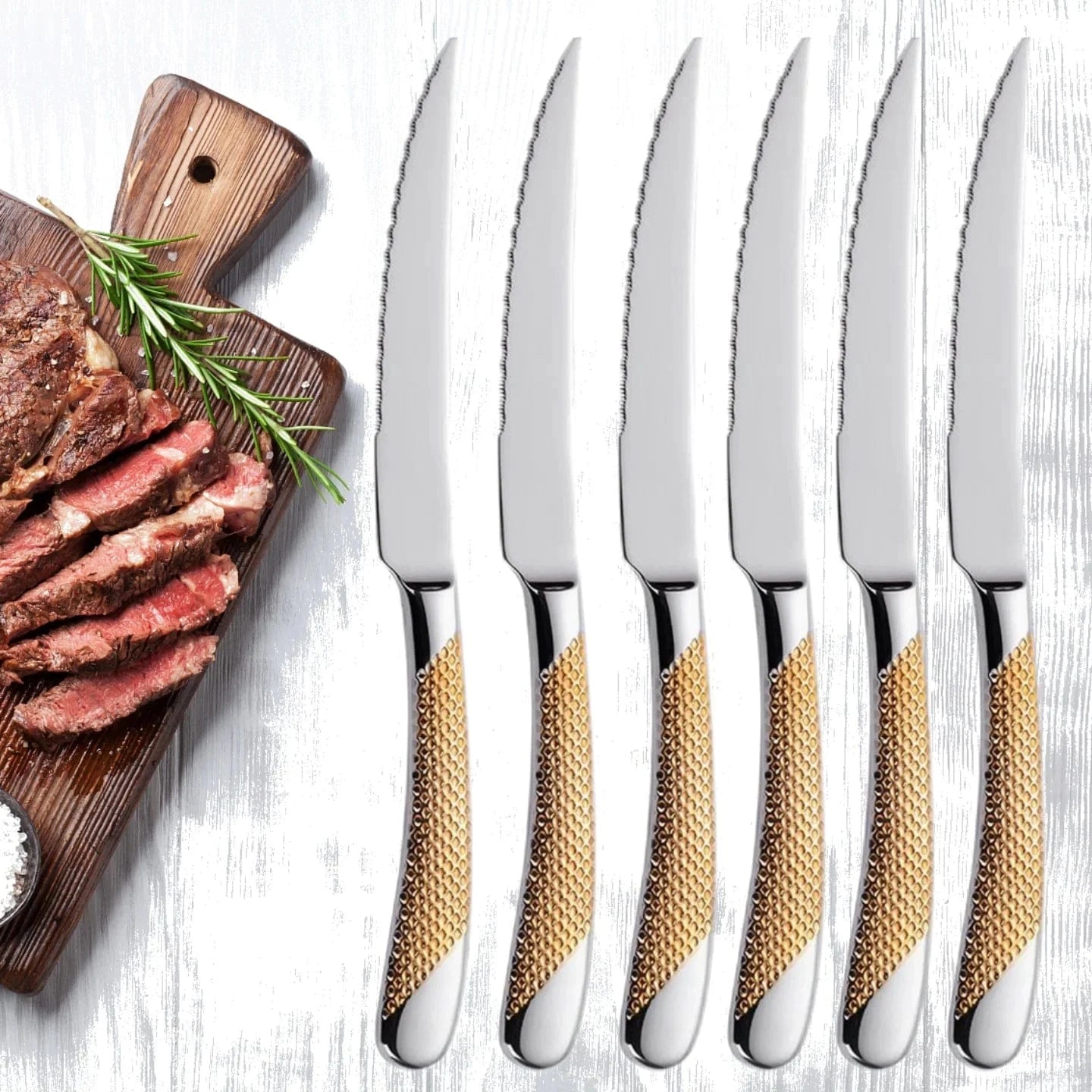 China China 9" Ultra-Sharp 2 in 1 Glossy Steak Knife Dinner Knife Set With Gold Plated Hammered Handle Table Knife Cutlery Dishwasher Safe