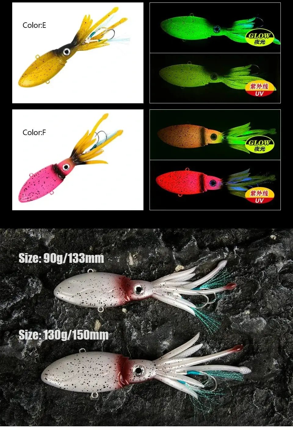 China China 90g 130g 170g 200g 250g Luminous UV TPR Octopus Squid Skirt Sea Saltwater With Assist Hook Jigging Fishing Soft Lures Bait