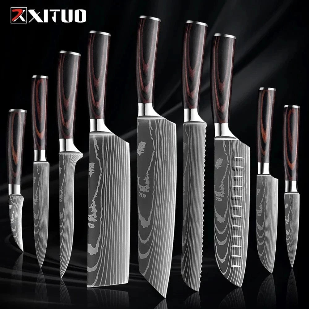 China China 9PCS Knife Professional Kitchen Knife Set 1-9PCS, Sharp Chef Knife Santoku Knife Fruit knife 7Cr17Mov Stainless Steel Ergonomic Wood Handle