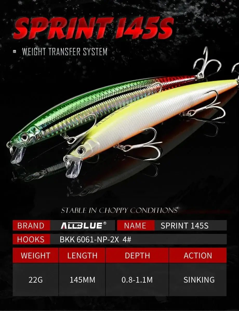 China China ALLBLUE SPRINT 145S Sinking Minnow Longcast Jerkbait Fishing Lure 145mm 22G Off Shore Saltwater Sea Bass Artificial Bait Tackle