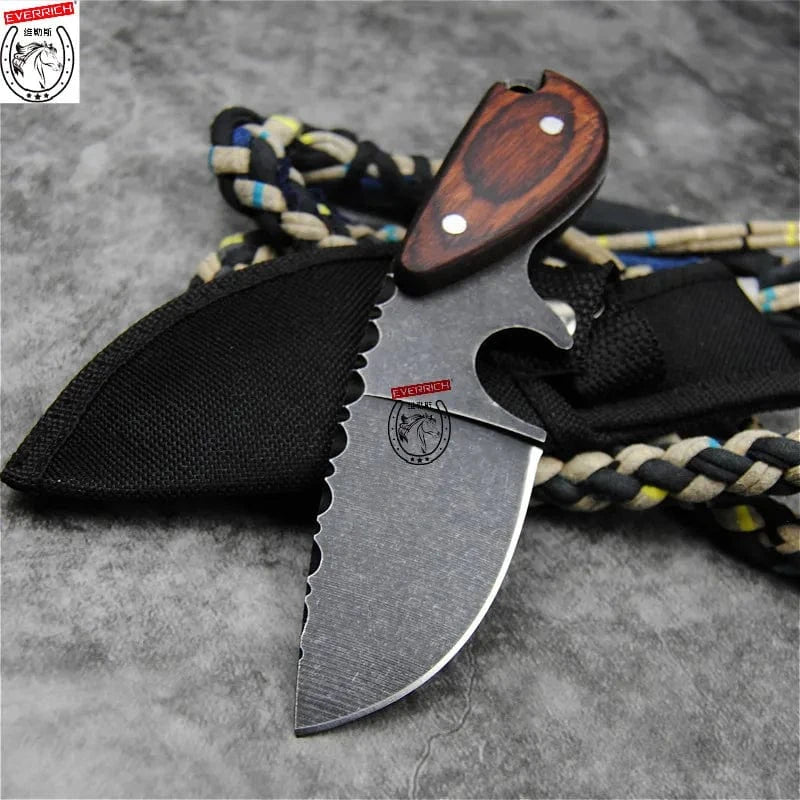 China China baise DEHONG  Stone wash D2 steel Japanese straight knife, sandalwood handle outdoor hunting tactics straight knife + knife sleeve