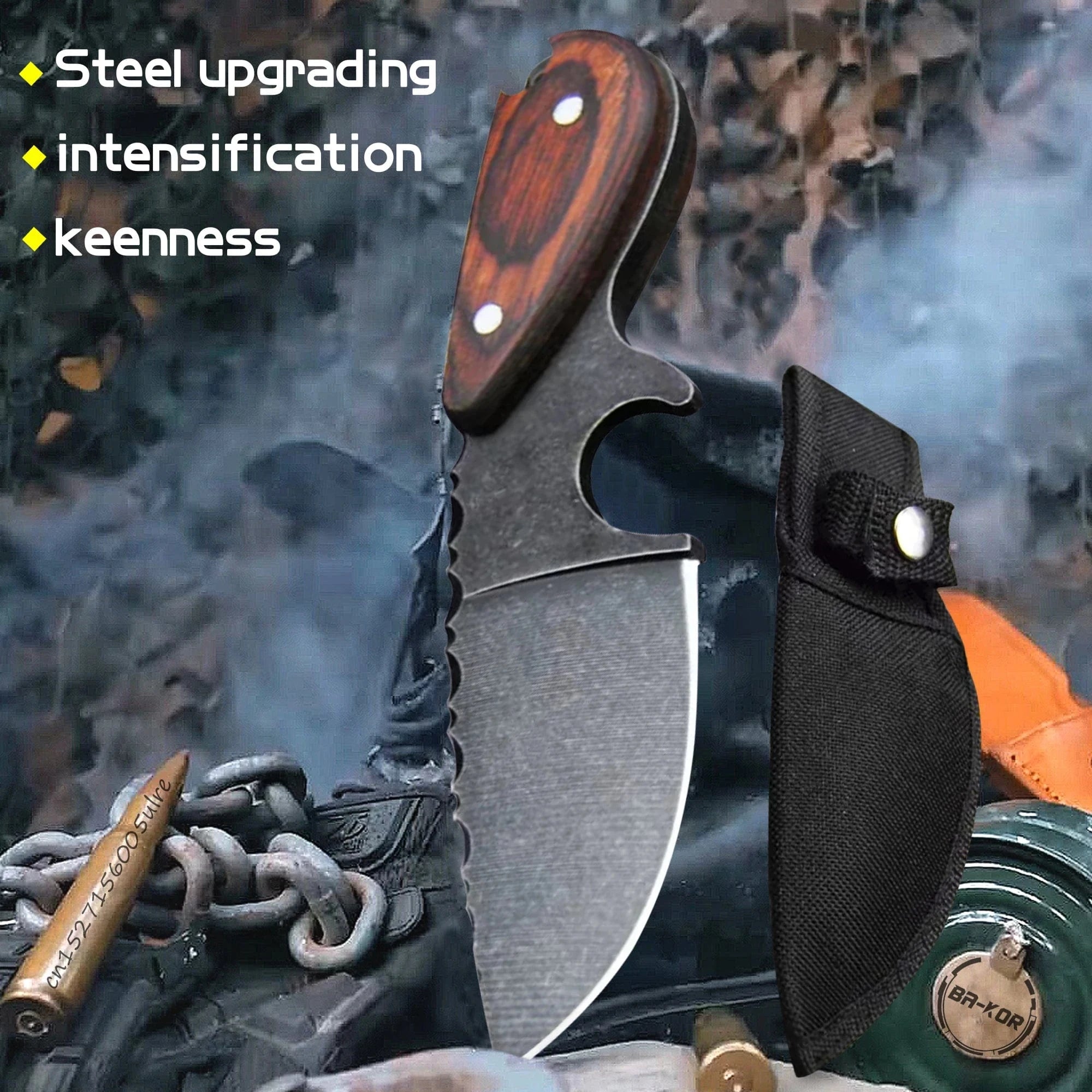 China China baise DEHONG  Stone wash D2 steel Japanese straight knife, sandalwood handle outdoor hunting tactics straight knife + knife sleeve