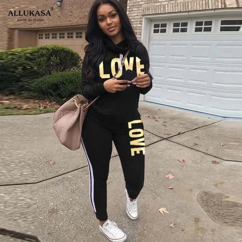 China China black / S 2 Piece Set Women Outfit LOVE Letter Print High Neck Hoodies Sweatshirt Pants Tracksuit 2022 Plus Size Streetwear Casual Suit