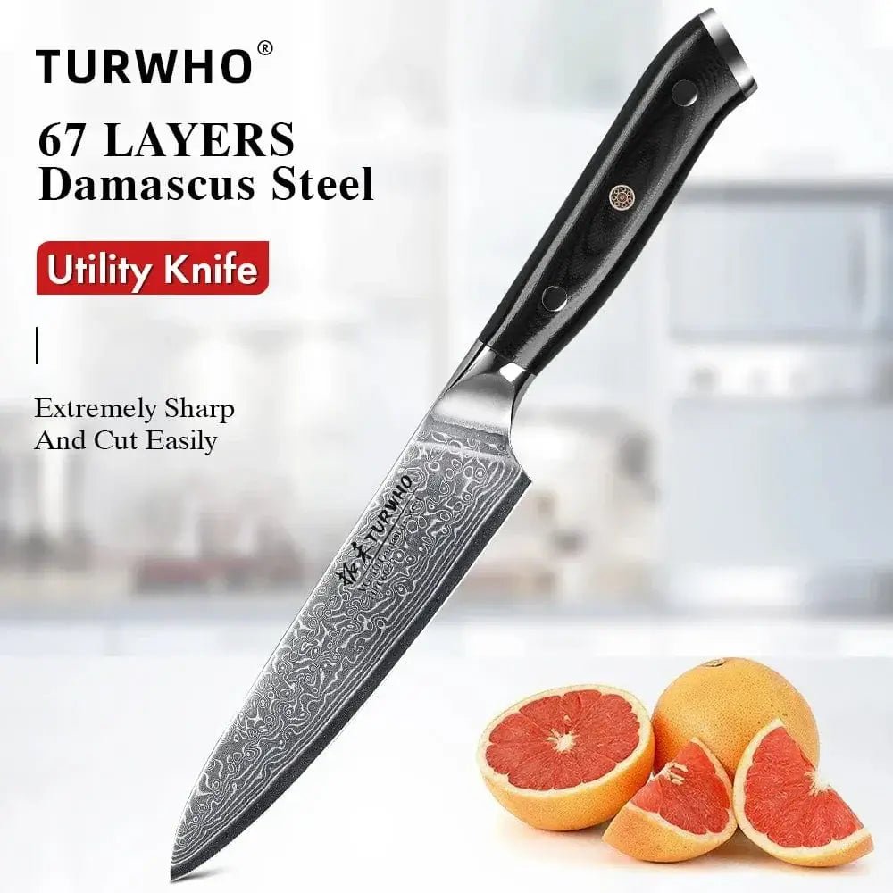 China China black TURWHO 5 Inch Kitchen Utility Knife Damascus Steel Professional Chef Knife Peeling Fruit Knife Vegetable Meat Fish Cooking Tools
