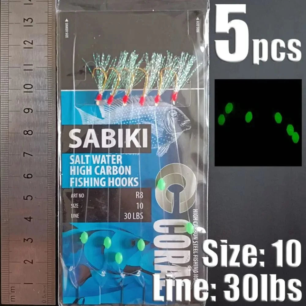 China China blue-10 1Park/5pcs Lunker Sabiki Rigs  Hooks Saltwater Fishing Lures Luminous Glow Flash Fishskin Sea Bait Mackerel Pesca Tackle