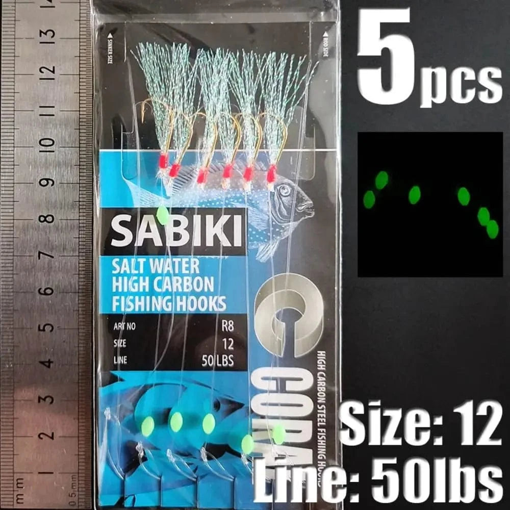 China China blue-12 1Park/5pcs Lunker Sabiki Rigs  Hooks Saltwater Fishing Lures Luminous Glow Flash Fishskin Sea Bait Mackerel Pesca Tackle