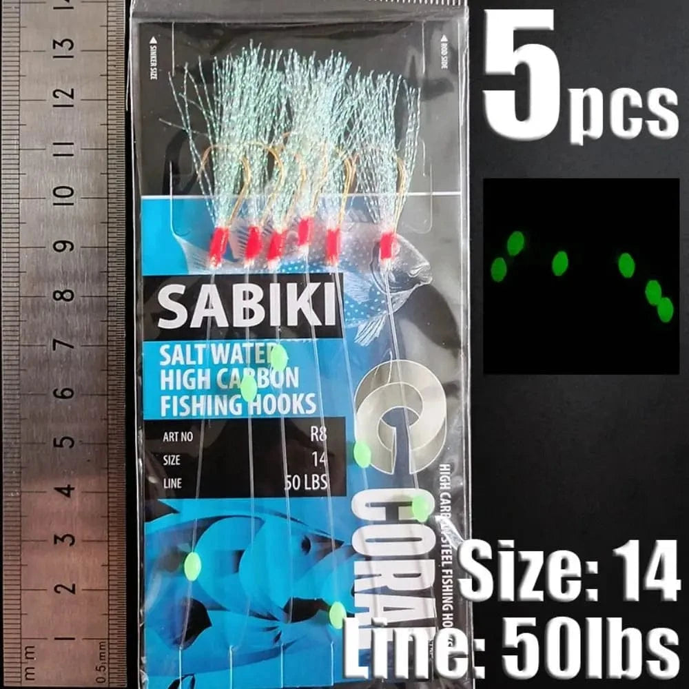 China China blue-14 1Park/5pcs Lunker Sabiki Rigs  Hooks Saltwater Fishing Lures Luminous Glow Flash Fishskin Sea Bait Mackerel Pesca Tackle
