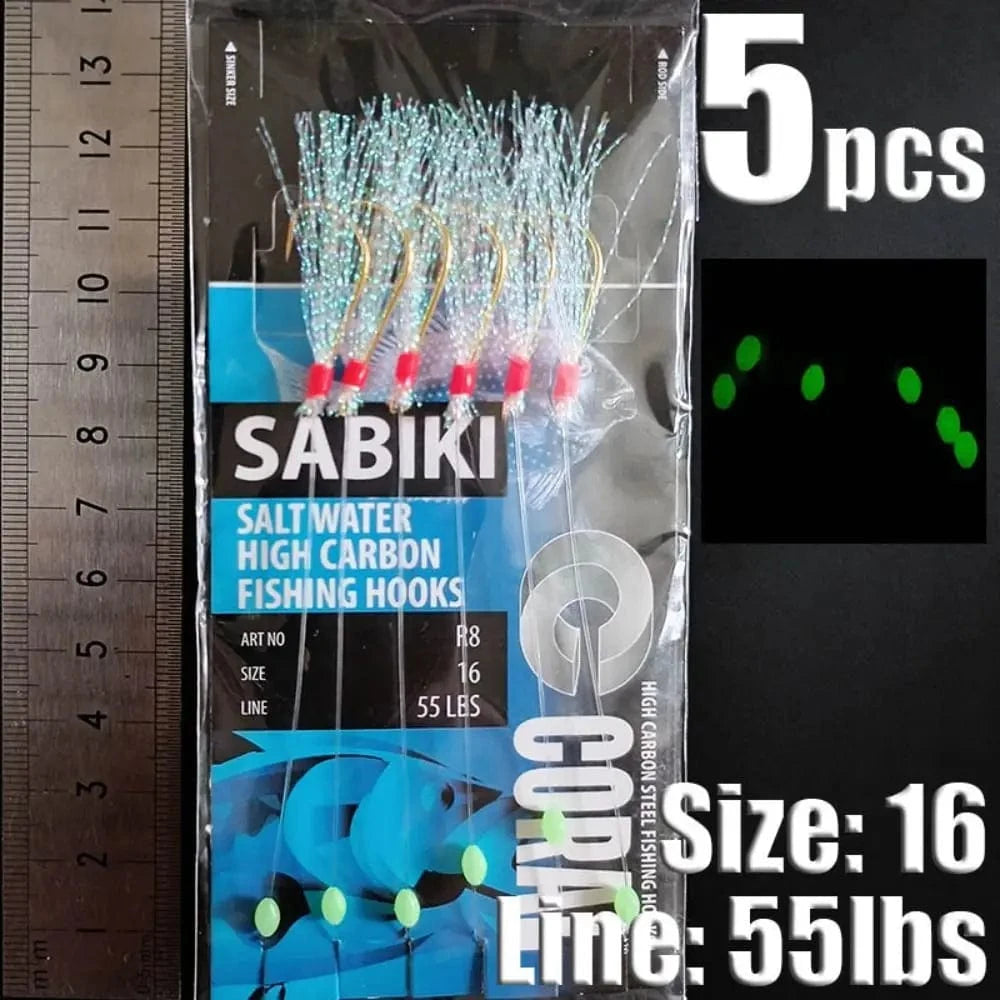 China China blue-16 1Park/5pcs Lunker Sabiki Rigs  Hooks Saltwater Fishing Lures Luminous Glow Flash Fishskin Sea Bait Mackerel Pesca Tackle