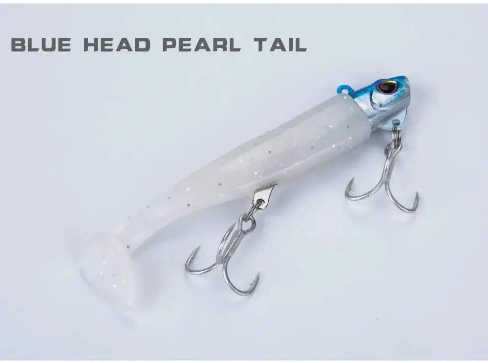 China China BLUE HEAD / 45G(2pcs) 2pcs Jig Head Soft Bait T Tail Artificial Metal Bait Fishing Jig Sharp Knife Machete Soft T Tail Fishing Lure for hairtail