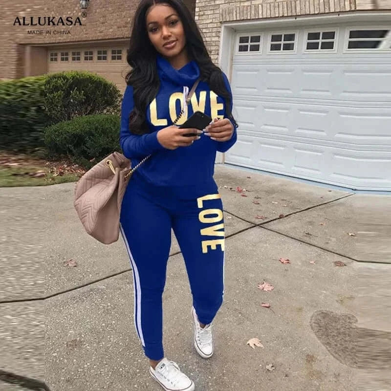 China China Blue / S 2 Piece Set Women Outfit LOVE Letter Print High Neck Hoodies Sweatshirt Pants Tracksuit 2022 Plus Size Streetwear Casual Suit